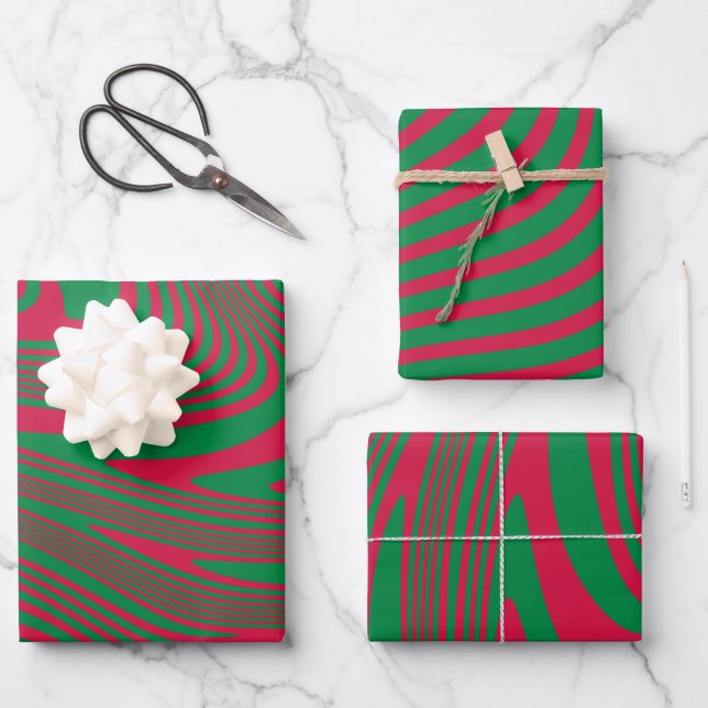 Artist Op-Art Red Green Christmas Stripes Pattern Wrapping Paper Sheet (Front)