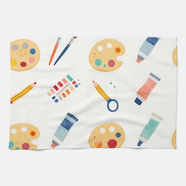 Artist Paint Tools Pattern Cute Watercolor Kitchen Towel (Horizontal)