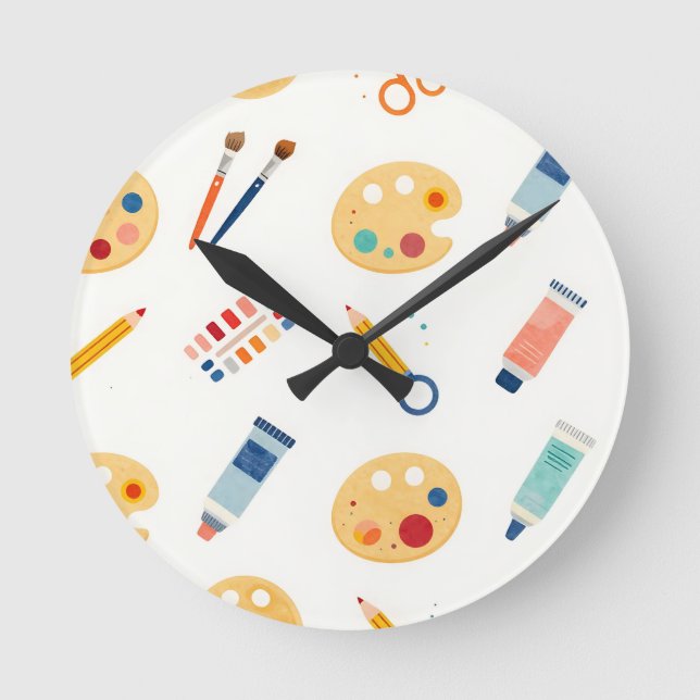 Artist Paint Tools Pattern Cute Watercolor Round Clock (Front)