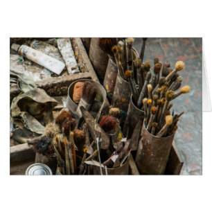 Artist Paintbrushes and Paint in Old Wooden Case
