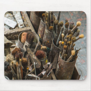 Artist Paintbrushes and Paint in Old Wooden Case Mouse Pad