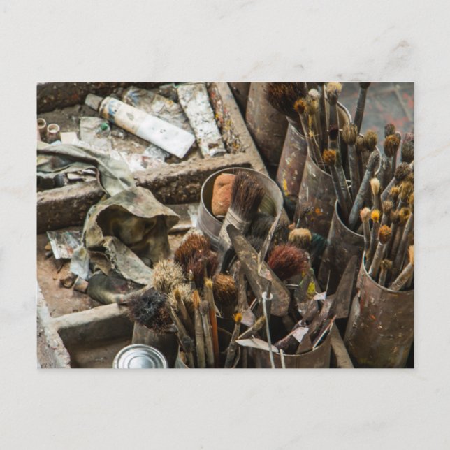 Artist Paintbrushes and Paint in Old Wooden Case Postcard (Front)