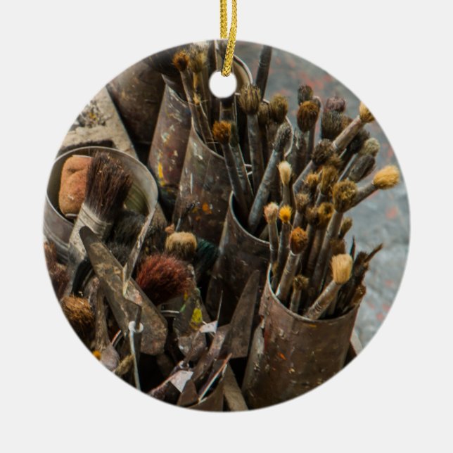 Artist Paintbrushes in Old Rusty Tin Cans Ceramic Ornament (Front)