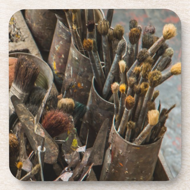 Artist Paintbrushes in Old Rusty Tin Cans Coaster (Front)