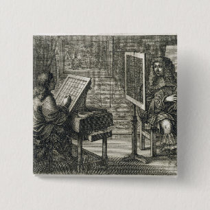 Artist painting a portrait over a grid for accurat 2 inch square button
