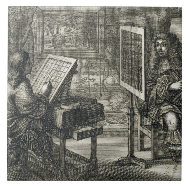 Artist painting a portrait over a grid for accurat tile (Front)