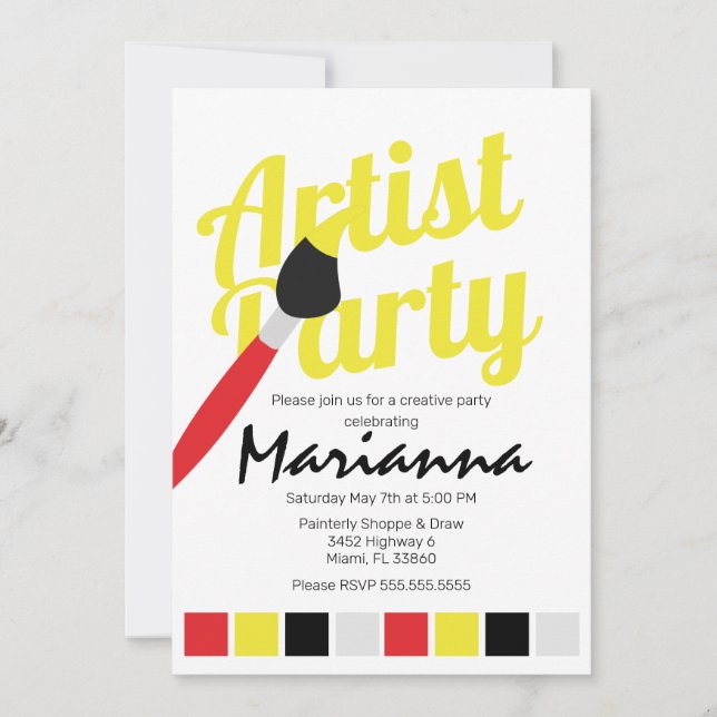 Artist Party Palette Birthday Yellow Red Invitation (Front)