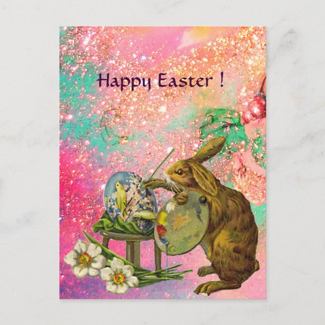 ARTIST RABBIT WITH PALETTE PAINTING EASTER EGGS HOLIDAY POSTCARD (Front)