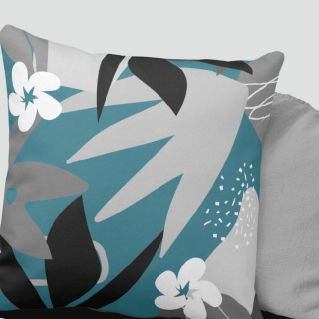 Artistic Abstract Botanical | Turquoise & Grey  Throw Pillow (Creator Uploaded)