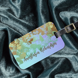 Artistic Abstract Green Gold Glitter Brushstrokes Luggage Tag