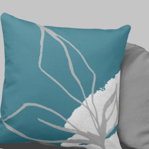Artistic Abstract Leaves Turquoise Grey & White Throw Pillow
