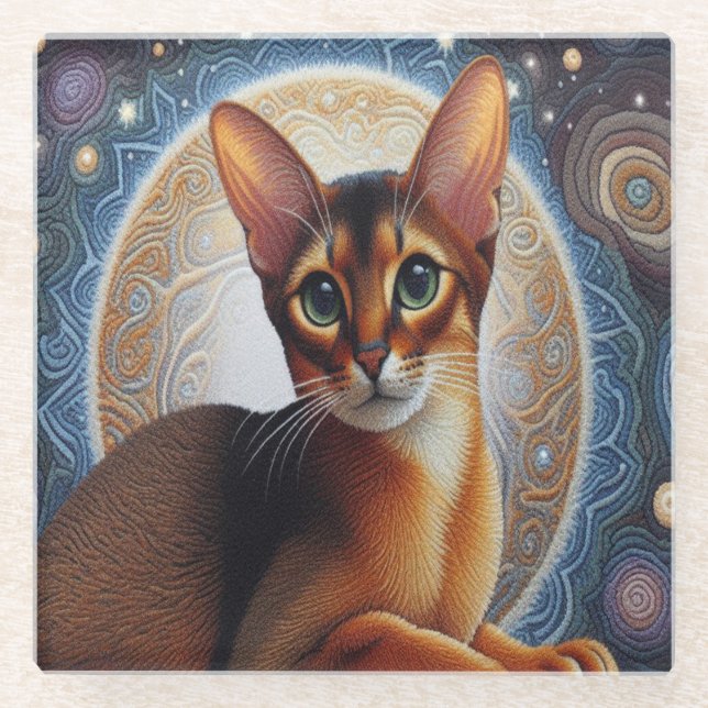 Artistic Abyssinian Cat,  Modern Abyssinian Kitten Glass Coaster (Front)