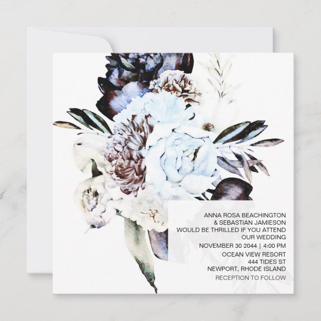 *~* Artistic AR15 QR RSVP Blue Floral WEDDING  Invitation (Front)