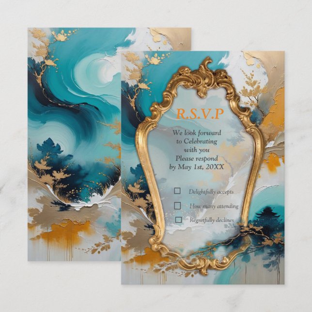 Artistic Asian Oriental Waves & Sceneries RSVP Card (Front/Back)