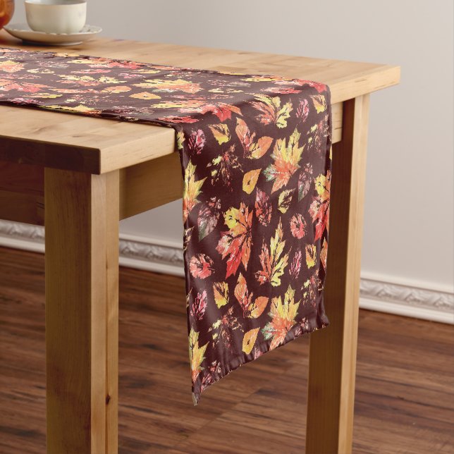 Artistic Autumn Leaves Pattern on Rich Brown Medium Table Runner (In Situ)