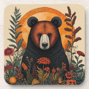 Artistic Bear Among Vibrant Botanical Flowers Coaster