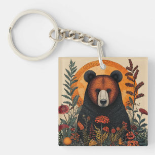 Artistic Bear Among Vibrant Botanical Flowers Keychain
