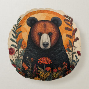 Artistic Bear Among Vibrant Botanical Flowers Round Pillow