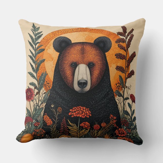 Artistic Bear Among Vibrant Botanical Flowers Throw Pillow (Front)