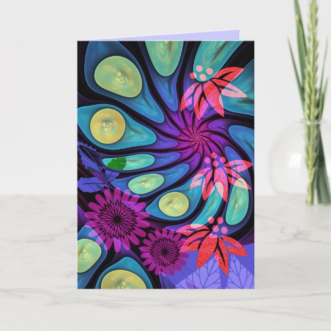 Artistic Birthday card with fantasy flowers & text (Front)