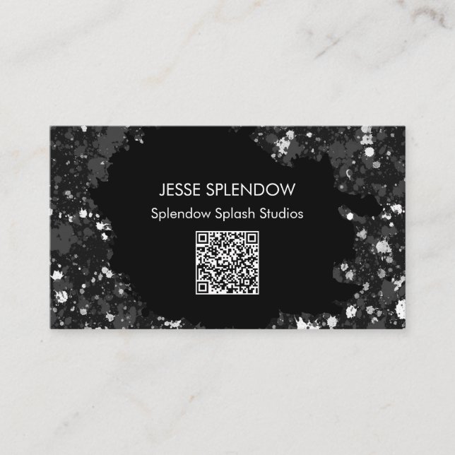 Artistic Black Abstract Paint Splatters QR Code Business Card (Front)