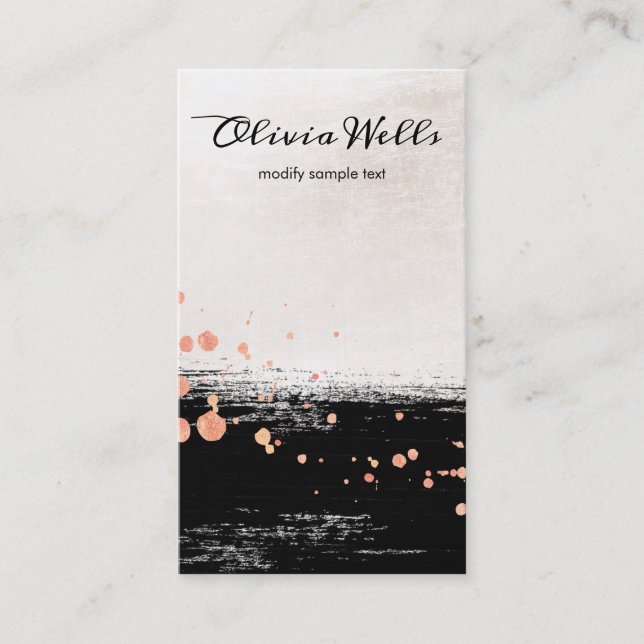 Artistic Black Brushstroke  Rose Gold Splatter Business Card (Front)