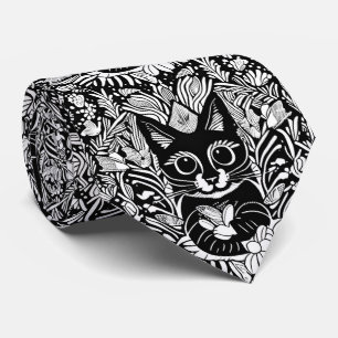 Artistic Black Cat Floral Pattern Tie