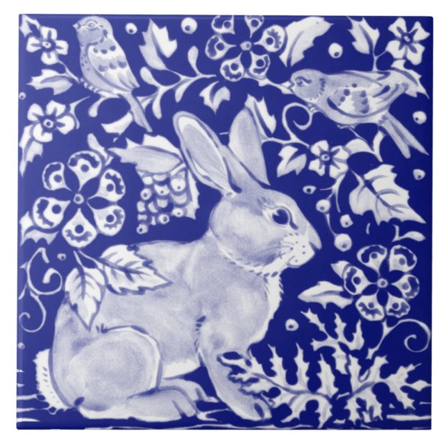 Artistic Blue Bunny Rabbit Animal Delft Dedham  Tile (Front)
