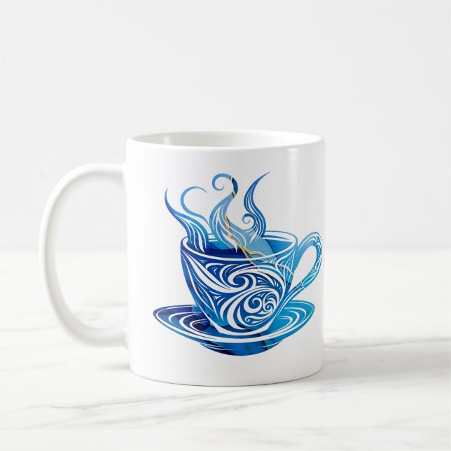 Artistic Blue Coffee Cup with Swirling Patterns (Left)