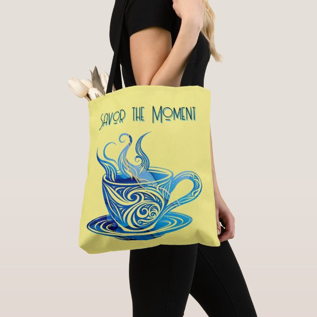 Artistic Blue Coffee Cup with Swirling Patterns Tote Bag (Close Up)
