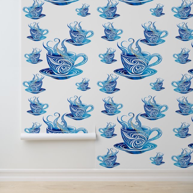 Artistic Blue Coffee Cup with Swirling Patterns Wallpaper (Application)
