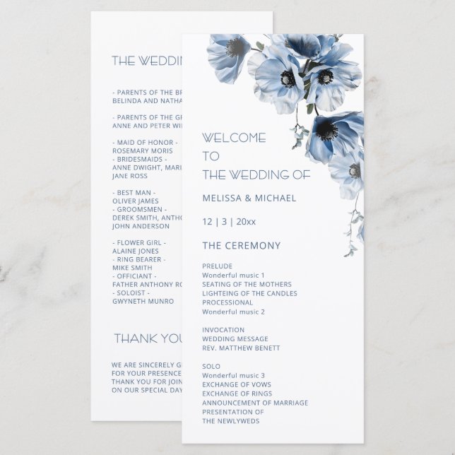 Artistic Blue Flowers Wedding Program (Front/Back)