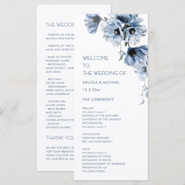 Artistic Blue Flowers Wedding Program (Front/Back)