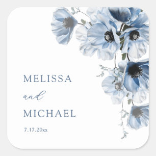 Artistic Blue Flowers   Wedding Square Sticker