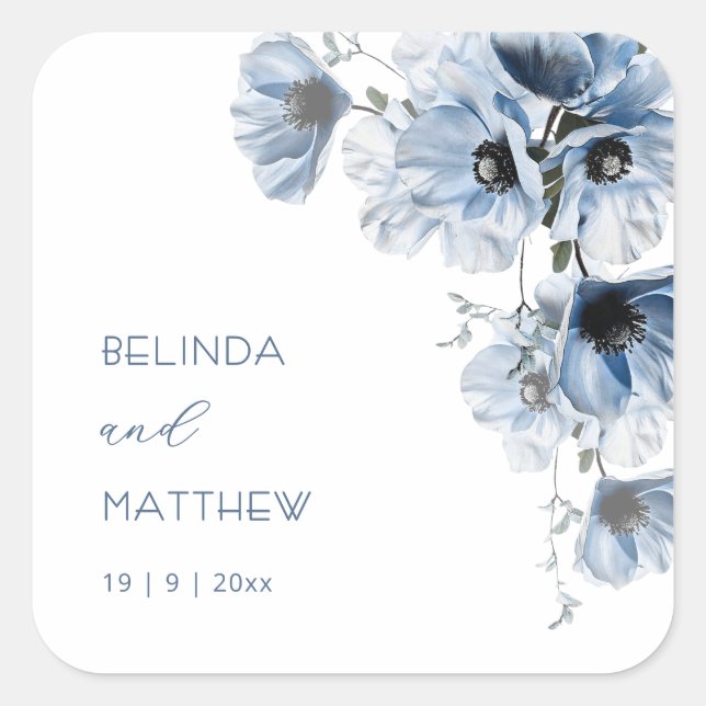 Artistic Blue Flowers | Wedding Square Sticker (Front)