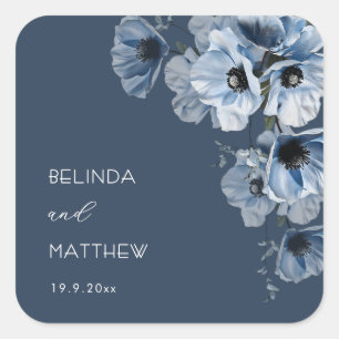 Artistic Blue Flowers   Wedding Square Sticker