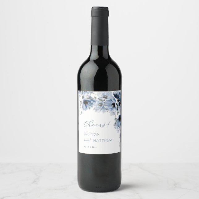 Artistic Blue Flowers | Wedding Wine Label (Front)