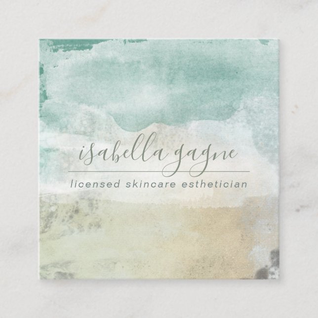 Artistic Blue Green Abstract Watercolor Skincare Square Business Card (Front)