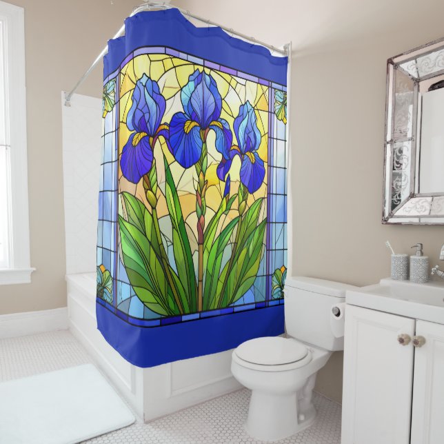 Artistic Blue Iris Floral Stained Glass  (In Situ)