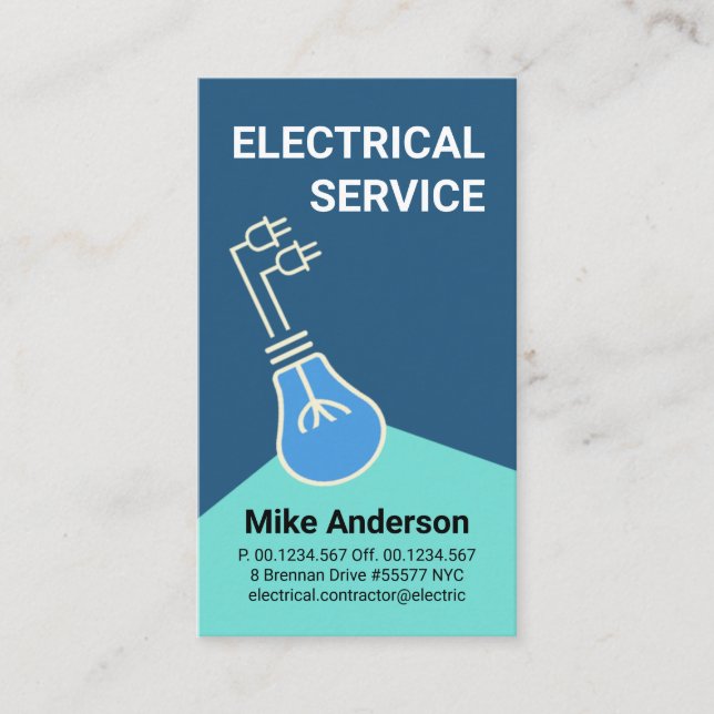 Artistic Blue Light Bulb Beam Electrical Wiring Business Card (Front)
