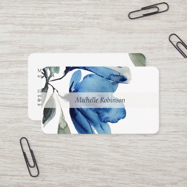 Artistic Blue Oversized Flowers Watercolor  Business Card (Front/Back In Situ)