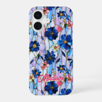 Artistic Blue Stained Glass Floral Botanical