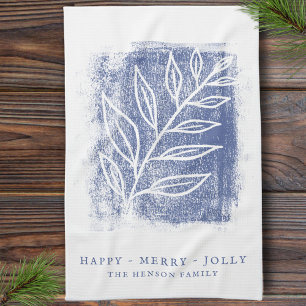 Artistic Blue White Twig Family Christmas  Kitchen Towel