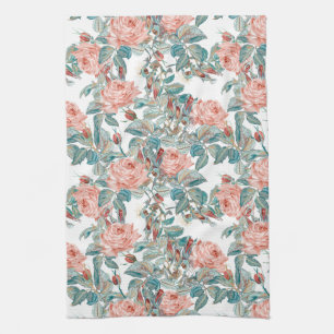 Artistic Blush Peach and Coral Roses Kitchen Towel
