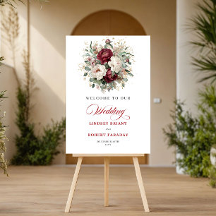 Artistic Boho Burgundy Floral Gold Welcome Sign