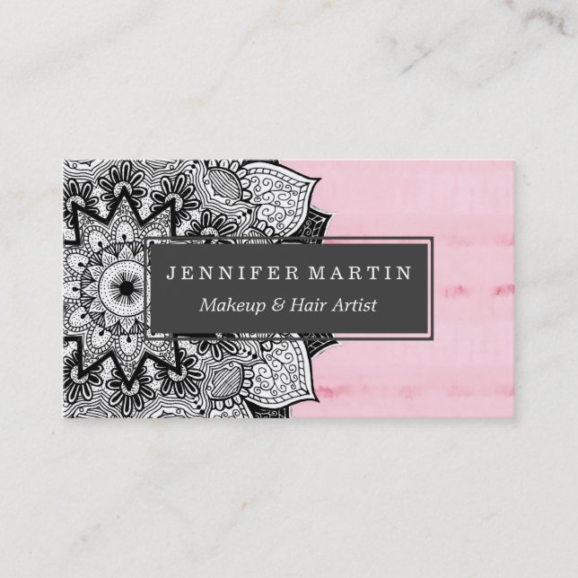 Artistic Boho Hand Drawn Mandala on Pink Tie Dye Business Card (Front)