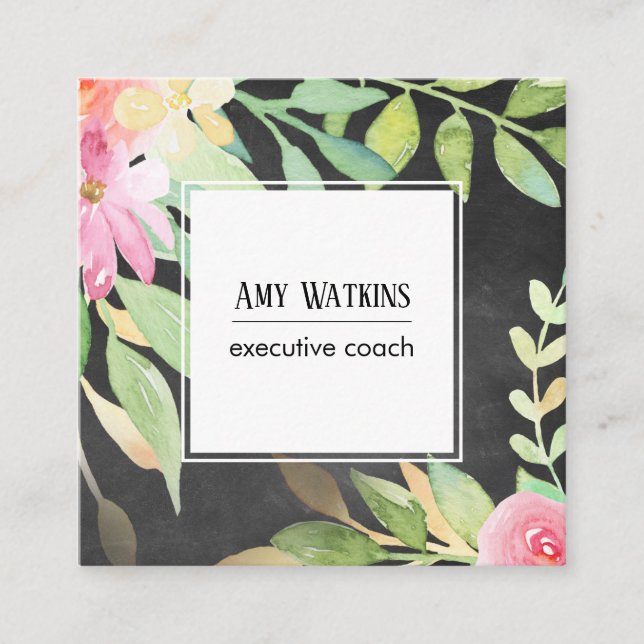 Artistic Boho Watercolor Flowers Chalkboard Back Square Business Card (Front)