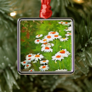 Artistic Bright and Colourful White Garden Daisies Metal Ornament