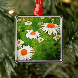 Artistic Bright Colourful White Garden Daisies v4b Metal Ornament