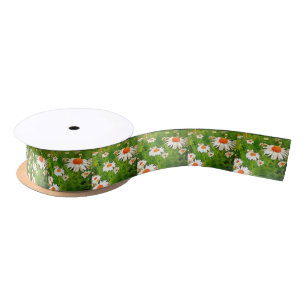 Artistic Bright Colourful White Garden Daisies v4b Satin Ribbon